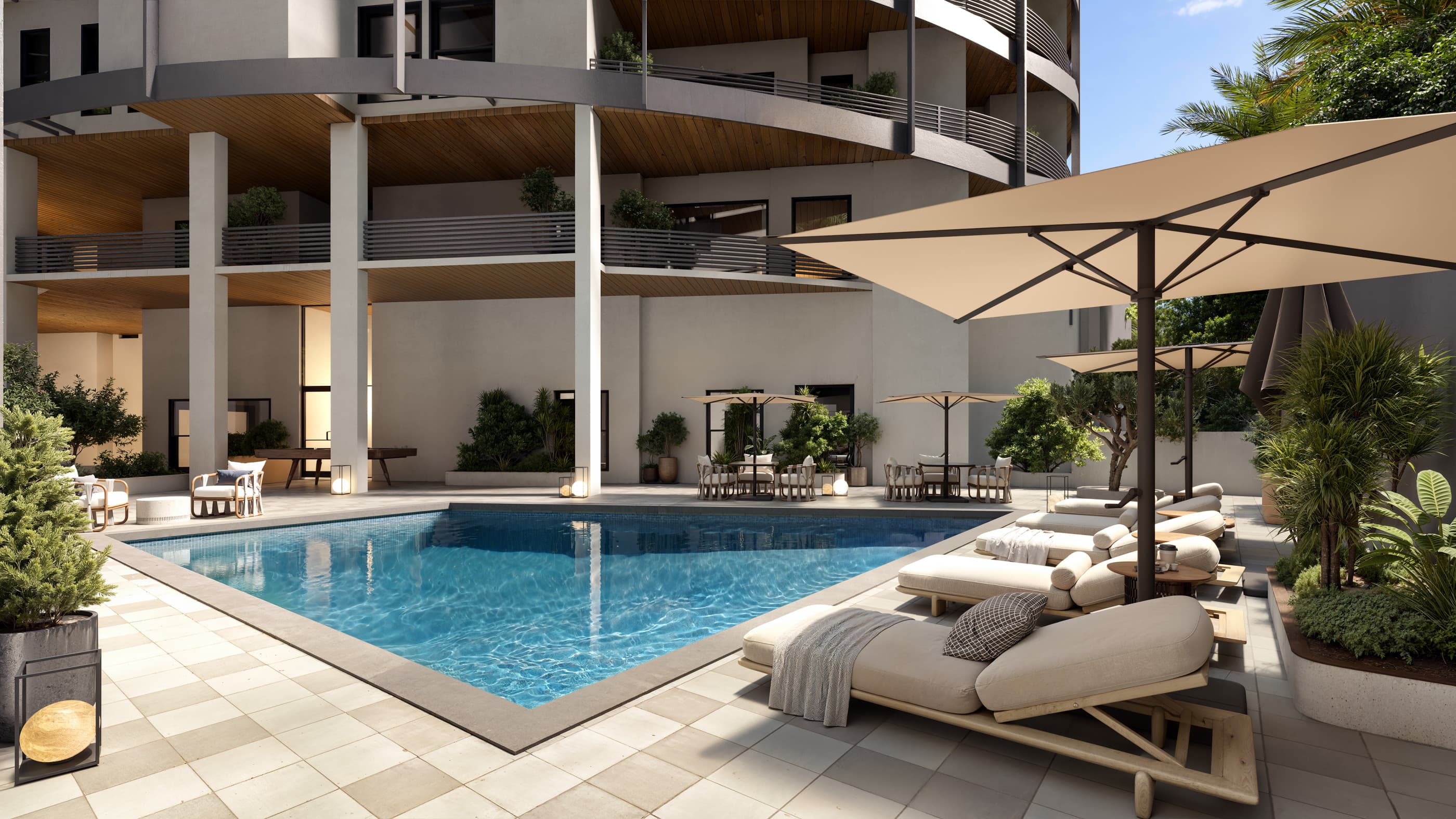 Luxury amenities at The Arc including resort-style pool and relaxation areas